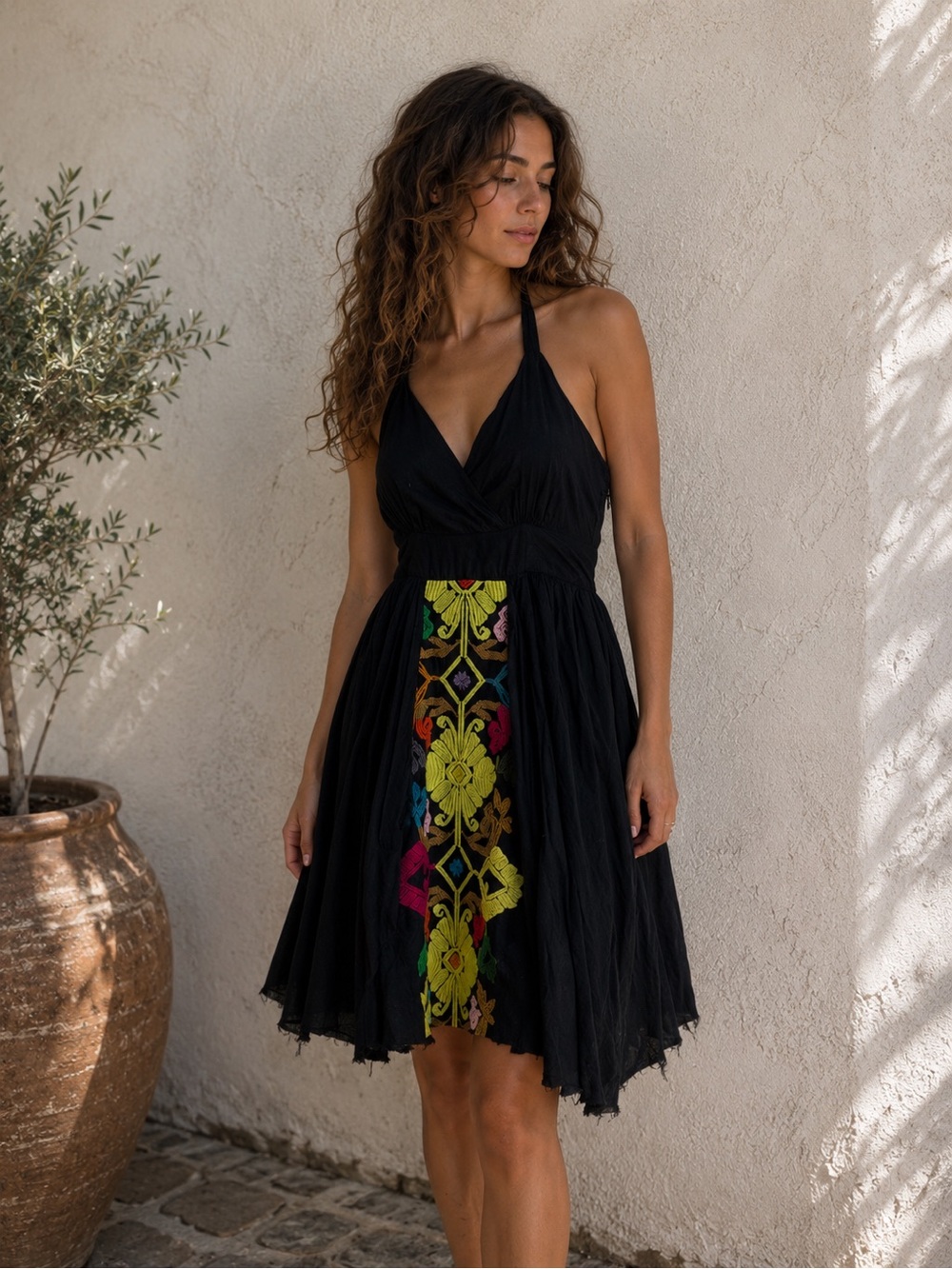 Floreat Black Halter Mini Dress with Multicolor Embroidered Panel